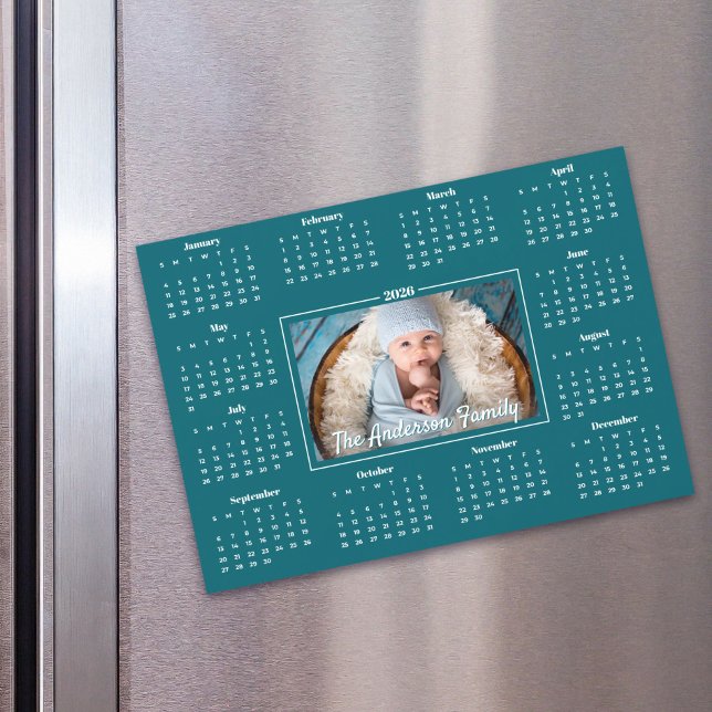 Carte Magnétique 2026 Calendrier Photo personnalisée Turquoise Blue (Créateur téléchargé)