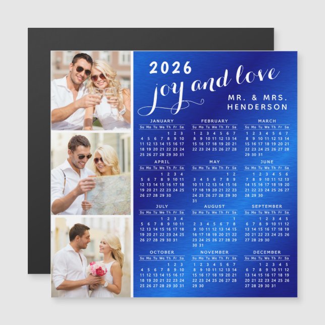 Carte Magnétique 2026 Calendrier photo Réfrigérateur Aimant bleu et (Devant / Derrière)