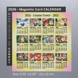 Carte Magnétique 2026 Custom Photo Gnome Calendrier Dimanche début