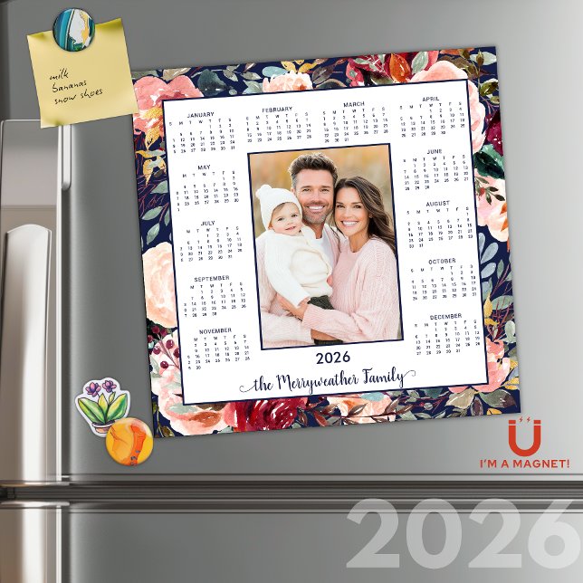 Carte Magnétique 2026 Élégant Bleu Floral Photo Calendrier magnétiq (2026 Elegant Blue Floral Photo Magnetic Calendar)