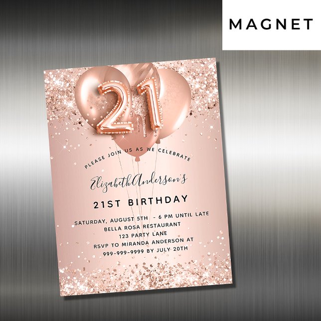 Carte Magnétique 21e anniversaire rose or ballons d'invitation aima (Créateur téléchargé)