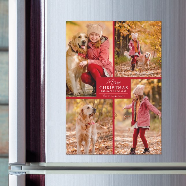 Carte Magnétique 4 Photo Collage Red Christmas Magnetic Cards (4 Photo Collage Red Merry Christmas Magnetic Cards)