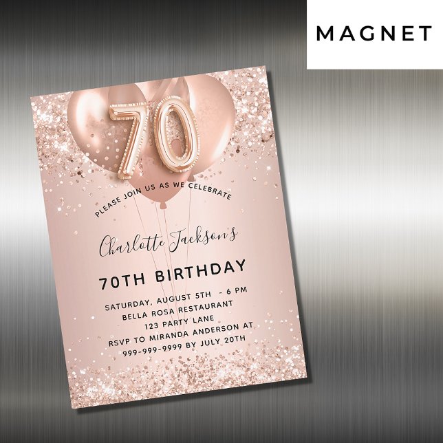 Carte Magnétique 70e anniversaire rose or ballons d'invitation aima (Créateur téléchargé)