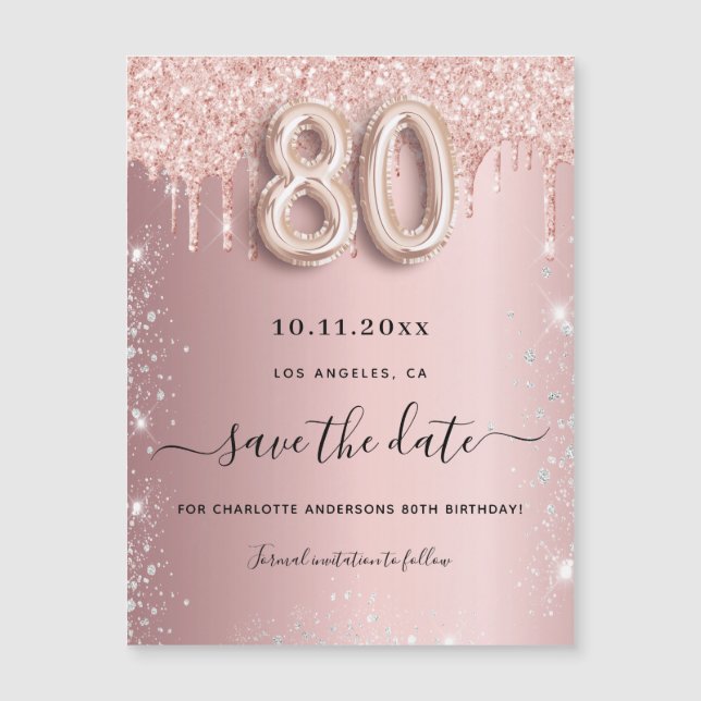 Carte Magnétique 80e anniversaire blush rose enregistrer la date ai (Devant)