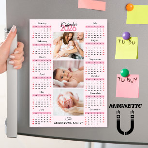 Carte Magnétique Aimant de collage photo Calendrier 2026 Rose Noir