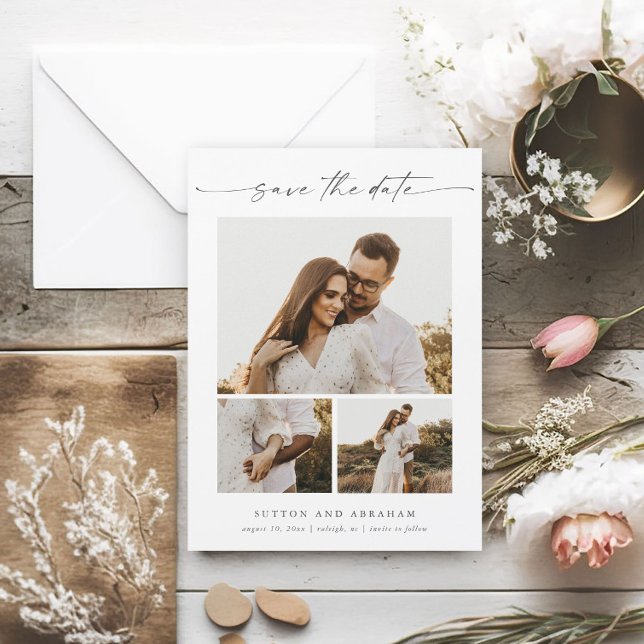 Carte Magnétique Aimant de mariage à date de sauvegarde de photo de (An elegant 3 photo wedding save the date magnet with handwritten script and minimal typography.)