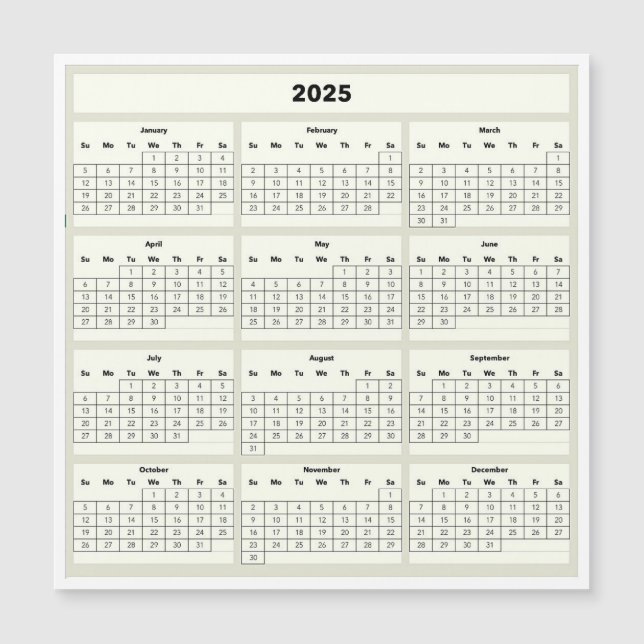Carte Magnétique Aimant de réfrigérateur 2025 Calendrier (Devant)