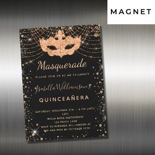 Carte Magnétique Aimant d'invitation Masquerade Quinceanera noir