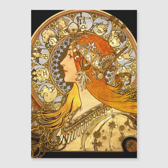 Carte Magnétique Alfonse Mucha Zodiac Art nouveau femme (Devant)