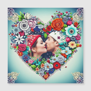 Carte Magnétique Amour Coeur Turquoise et rouge floral avec la ph