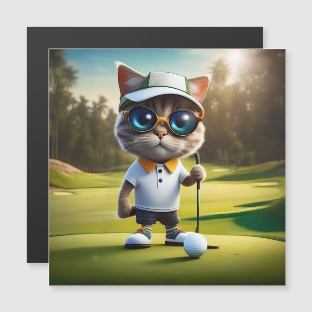 Carte Magnétique Amusant Animé Cat Golf Player, (Devant / Derrière)