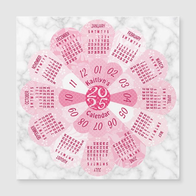 Carte Magnétique Année civile 2025 Aimant Fleur Rose Boho Personnal (Devant)