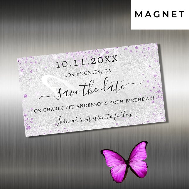 Carte Magnétique Anniversaire argent violet papillon enregistrer da (Créateur téléchargé)