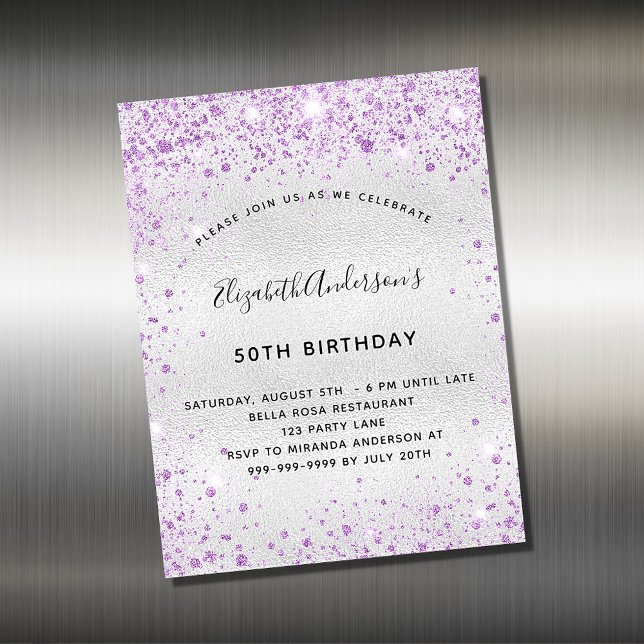 Carte Magnétique Anniversaire argent violet parties scintillant inv (Créateur téléchargé)