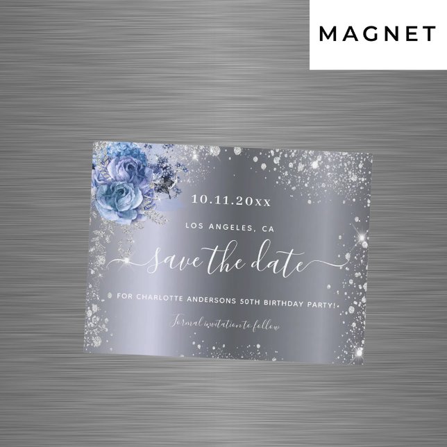 Carte Magnétique Anniversaire bleu argent enregistrer la date aiman (Créateur téléchargé)