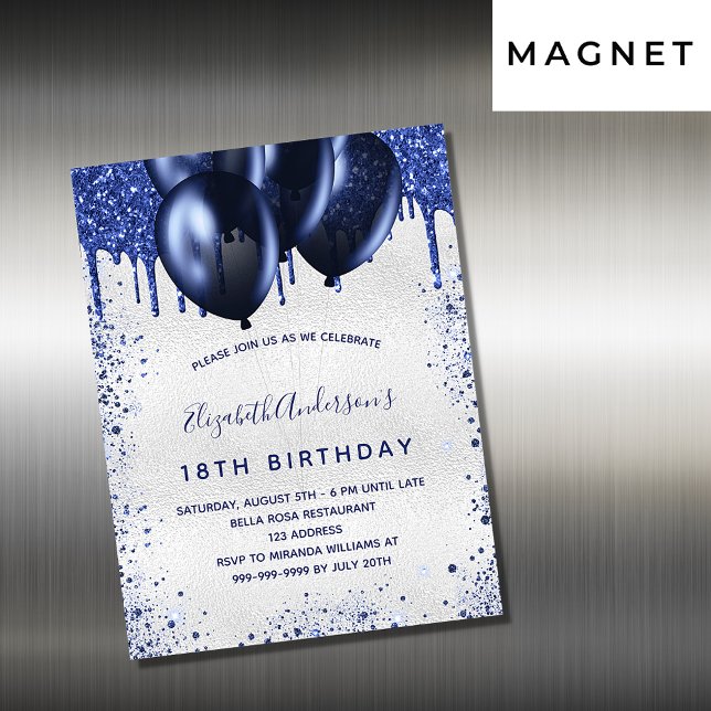 Carte Magnétique Anniversaire bleu ballons d'argent aimant invitati (Créateur téléchargé)