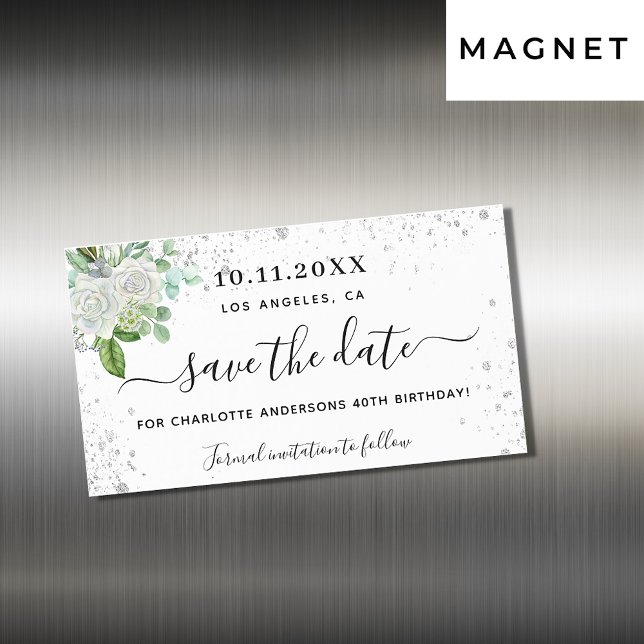 Carte Magnétique Anniversaire fête floral blanc enregistrer la date (Créateur téléchargé)