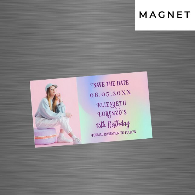 Carte Magnétique Anniversaire photo rose holographique Enregistrer  (Créateur téléchargé)