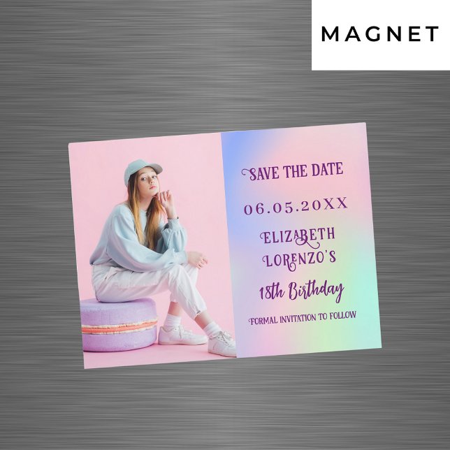Carte Magnétique Anniversaire photo rose holographique Enregistrer  (Créateur téléchargé)