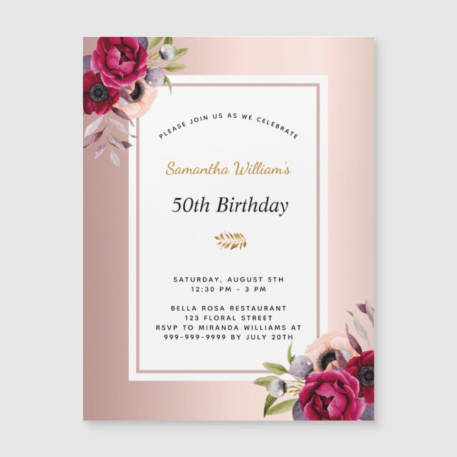 Carte Magnétique Anniversaire rose or bourgogne aimant floral (Devant)