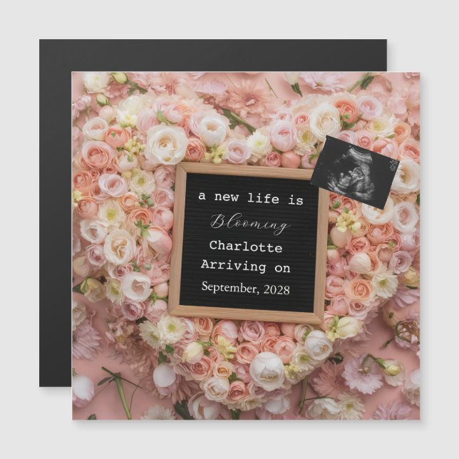 Carte Magnétique Annonce de grossesse Floral Pastel pour la révélat (Devant / Derrière)