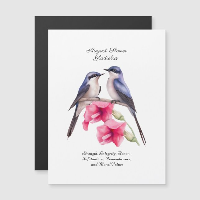 Carte Magnétique Août Mois de naissance Gladiolus à fleurs avec ois (Devant / Derrière)