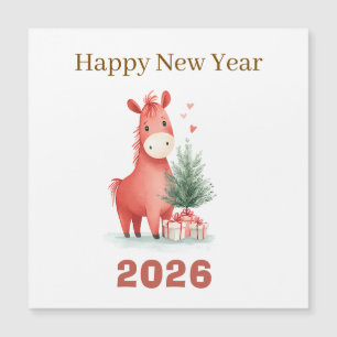 Carte Magnétique Aquarelle Cheval rouge avec cadeaux et arbre de No