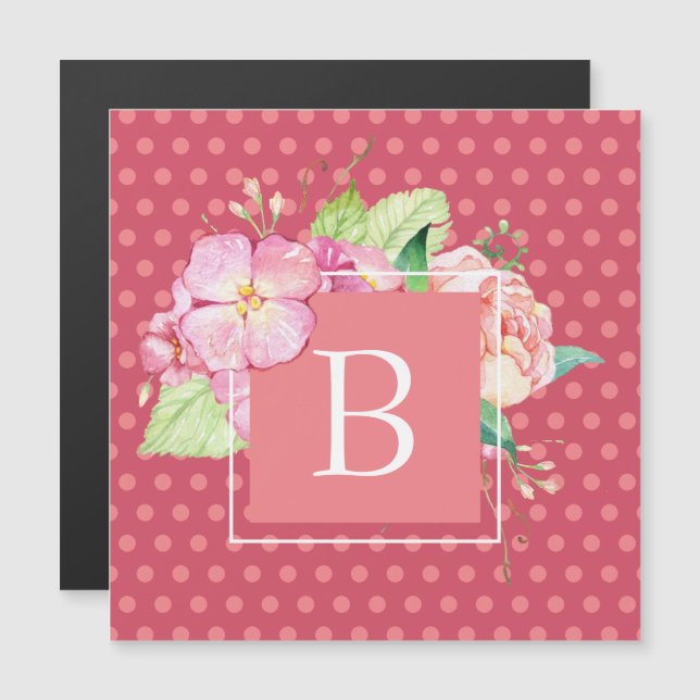 Carte Magnétique Aquarelle Monogramme feminine points roses (Devant / Derrière)