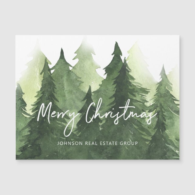 Carte Magnétique Aquarelle Pine Arbres Business Joyeux Noël (Devant)
