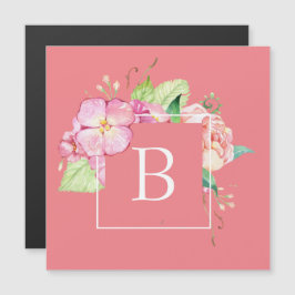 Carte Magnétique Aquarelle rose feminine monogramme