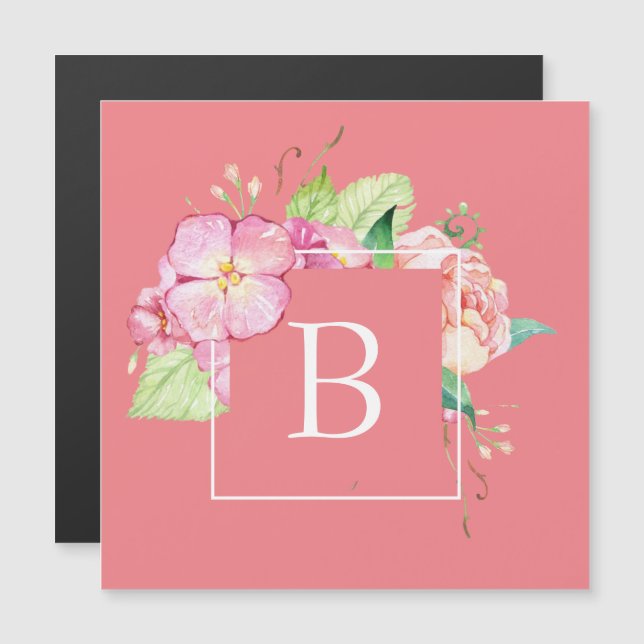 Carte Magnétique Aquarelle rose feminine monogramme (Devant / Derrière)