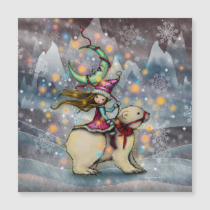 Carte Magnétique Art de Noël d'elfe chevauchant un ours polaire