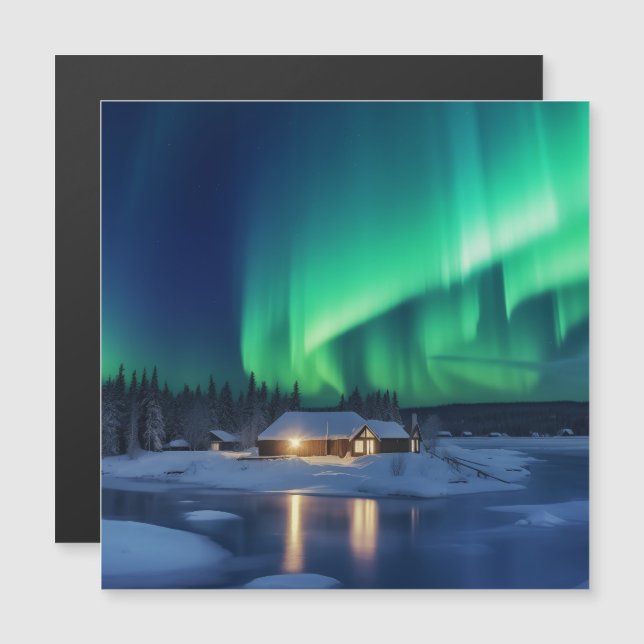 Carte Magnétique Aurora borealis au-dessus du cabine d'hiver (Devant / Derrière)