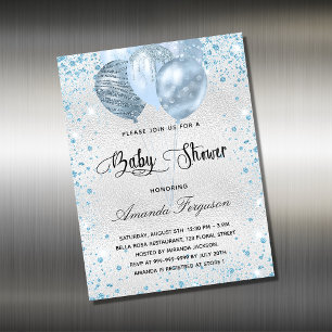 Carte Magnétique Baby shower argent bleu ballons d'invitation aiman