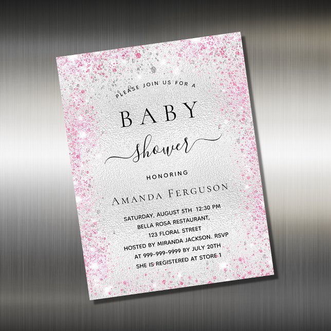 Carte Magnétique Baby shower argent parties scintillant rose invita (Créateur téléchargé)