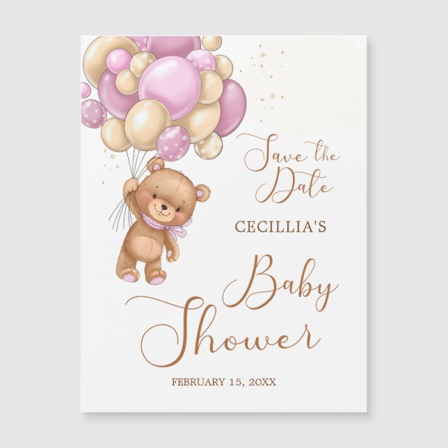 Carte Magnétique Baby shower Bear Pink Balloons Enregistrer la date (Devant)