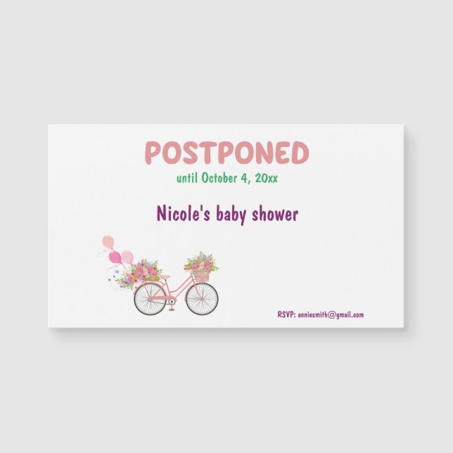 Carte Magnétique Baby shower reporté avec vélos floraux (Devant)