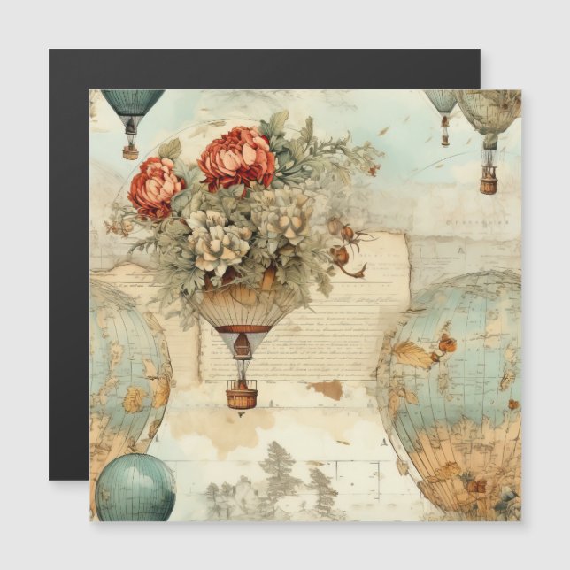 Carte Magnétique Balloon vintage à air chaud dans un paysage serein (Devant / Derrière)