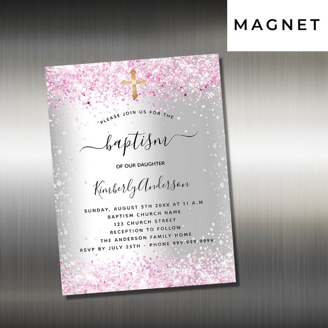 Carte Magnétique Baptême argent rose parties scintillant fille invi (Créateur téléchargé)