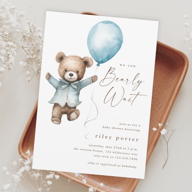 Carte Magnétique Bearly Wait Teddy Bear Boys Baby shower (Can Bearly Wait Blue Balloon Boys Baby Shower Magnetic Invitation.)