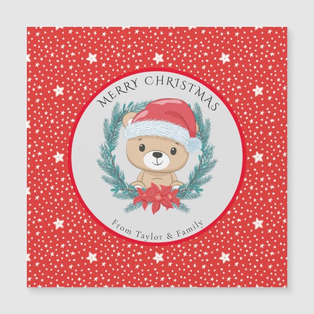 Carte Magnétique Belle Teddy Rouge et Blanc Etoiles Joyeux Noël (Devant)