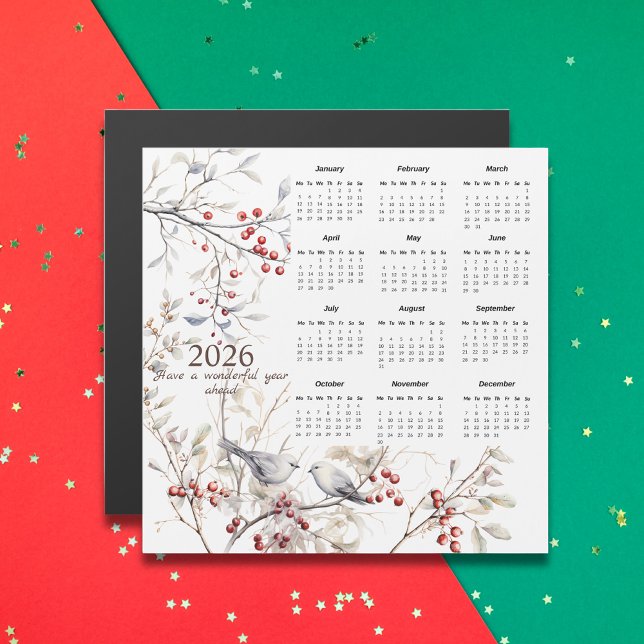 Carte Magnétique Berries d'hiver Oiseaux Noël 2026 Calendrier (Créateur téléchargé)