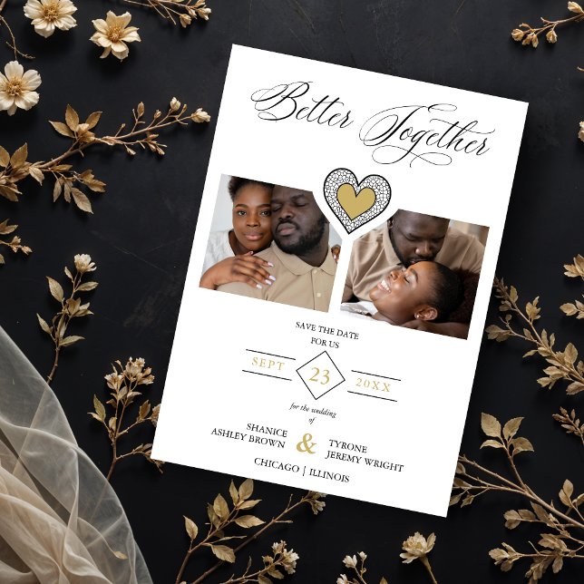 Carte Magnétique Black & Gold Sophisticated Better Together Quote  (Sophisticated Better Together Quote Black Fake Gold and Fake Lace Effect Heart 2 Photos Collage.)