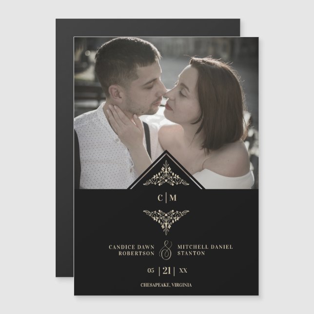 Carte Magnétique Black Golden Chic Lace Romantic Couple Wedding (Devant / Derrière)
