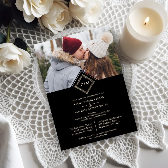 Carte Magnétique Black Luxury Wedding Initials Ornamental Flourish (Black Luxury Wedding Initials Ornamental Flourish Diamond Shape Invitation with Envelope. )