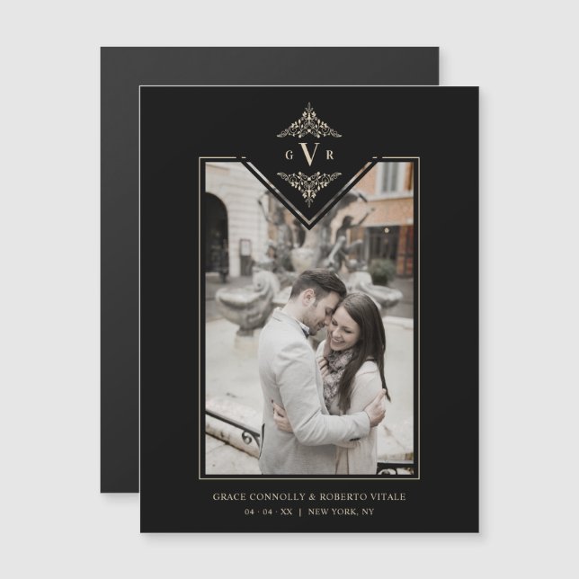 Carte Magnétique Black Sophisticate Flourish Chic Golden Initials (Devant / Derrière)