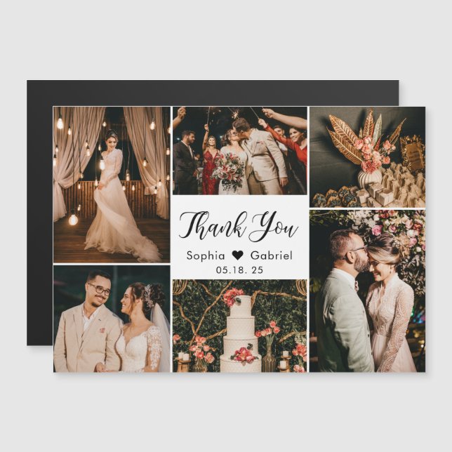 Carte Magnétique Black White Photo Collage Mariage Merci (Devant / Derrière)