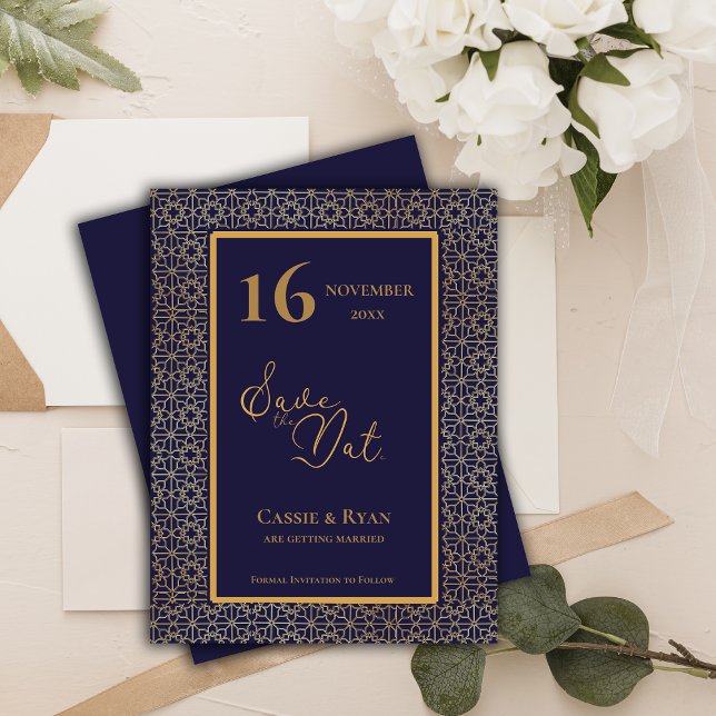 Carte Magnétique Blue Gold Intricate Design Wedding Enregistrer la  (Blue Gold Intricate Design Wedding Save the Date)