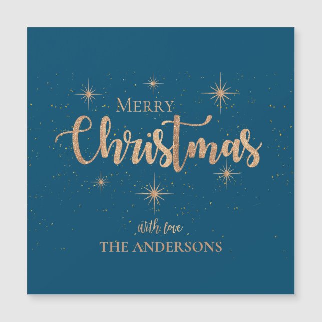Carte Magnétique Blue Gold Stars Typographie Nom Joyeux Noël (Devant)