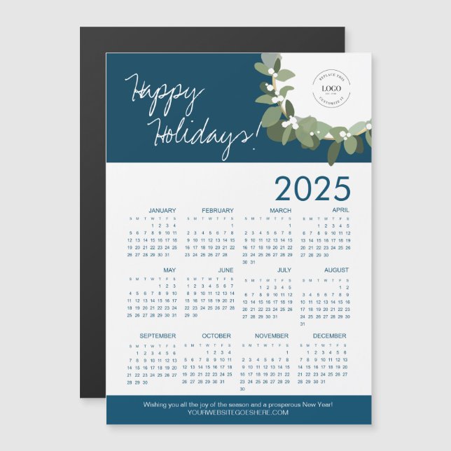 Carte Magnétique Blue Modern Wreath Your Logo ici Calendrier 2025 (Devant / Derrière)